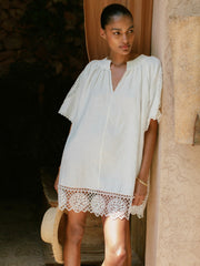 Linen Embroidered Shift Dress Ivory | Womens