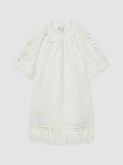 Linen Embroidered Shift Dress Ivory | Womens