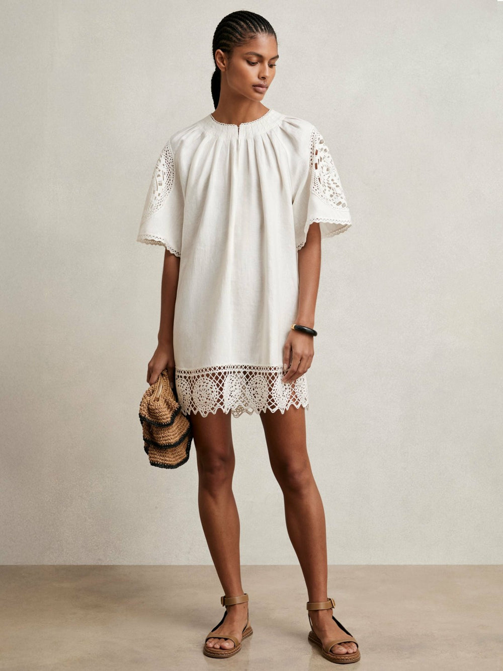 Linen Embroidered Shift Dress Ivory | Womens