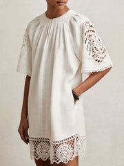 Linen Embroidered Shift Dress Ivory | Womens