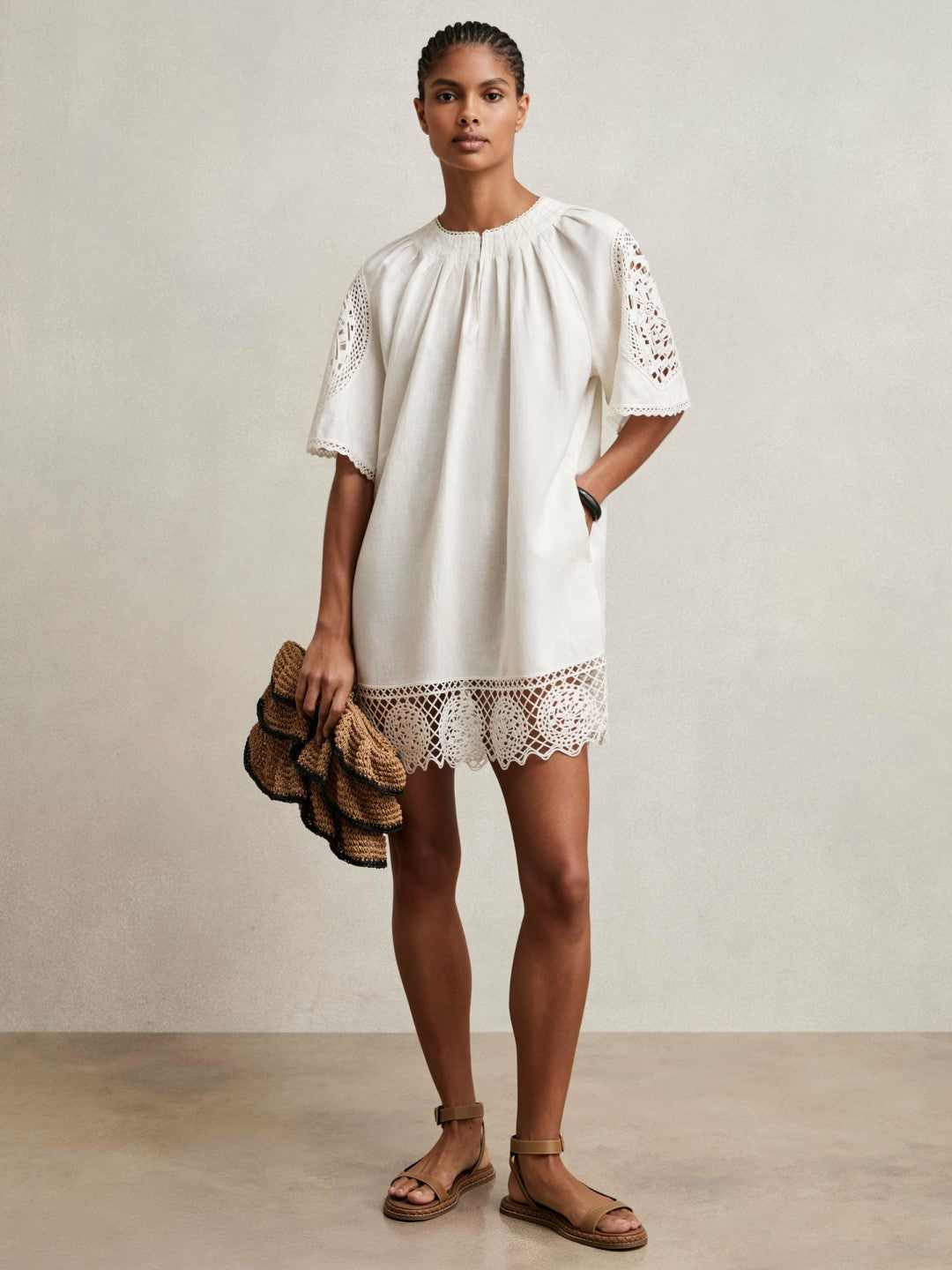 Linen Embroidered Shift Dress Ivory | Womens