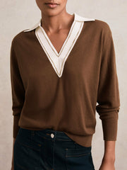 Wool Collared Cricket Jumper Chocolate Brown/Ivory | Womens