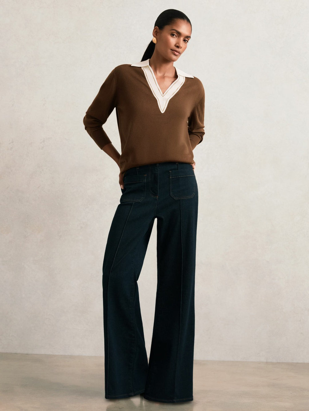 Wool Collared Cricket Jumper Chocolate Brown/Ivory | Womens