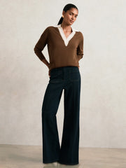 Wool Collared Cricket Jumper Chocolate Brown/Ivory | Womens