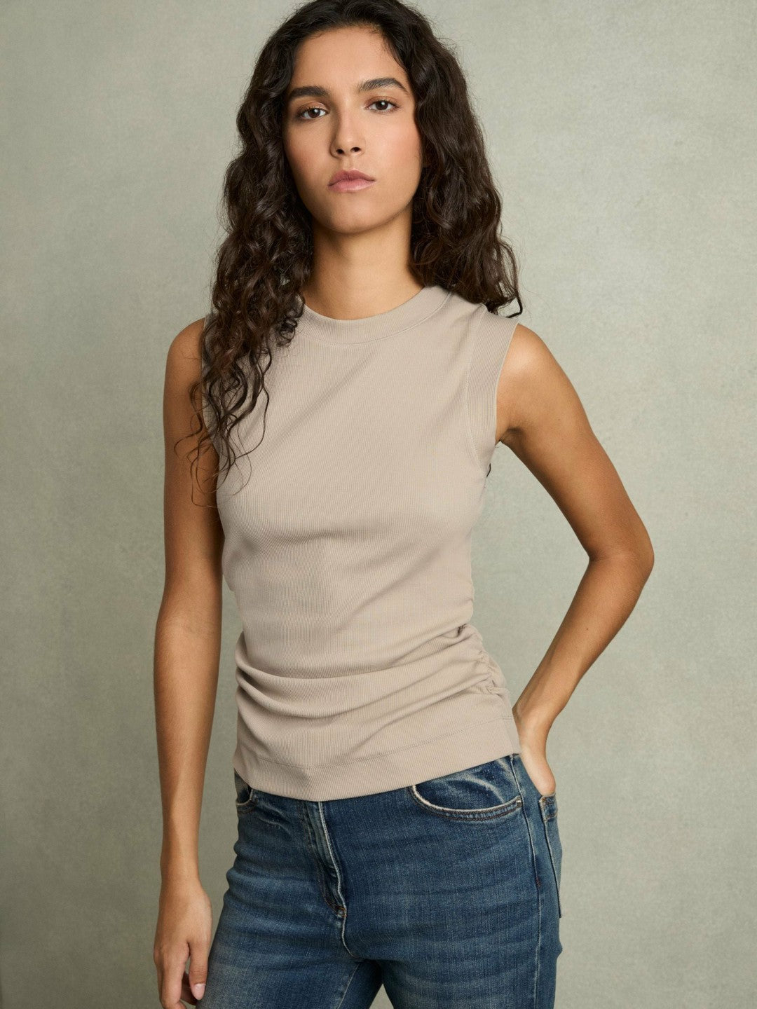 Ribbed Ruched Waist Vest Camel | Womens