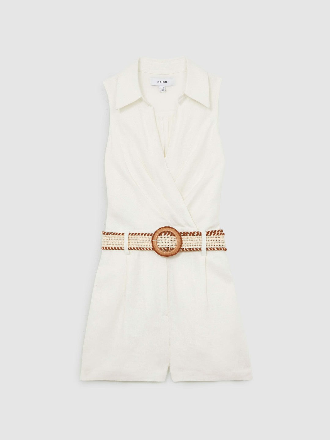 Linen Belted Sleeveless Wrap Playsuit Cream | Womens
