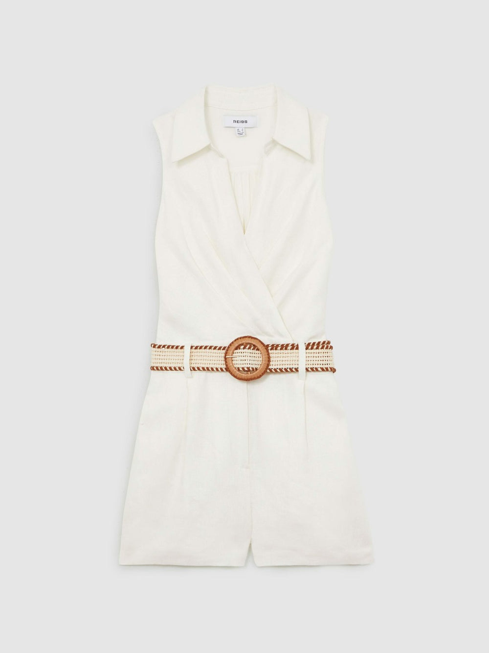 Linen Belted Sleeveless Wrap Playsuit Cream | Womens