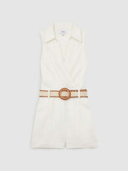 Linen Belted Sleeveless Wrap Playsuit Cream | Womens