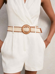 Linen Belted Sleeveless Wrap Playsuit Cream | Womens