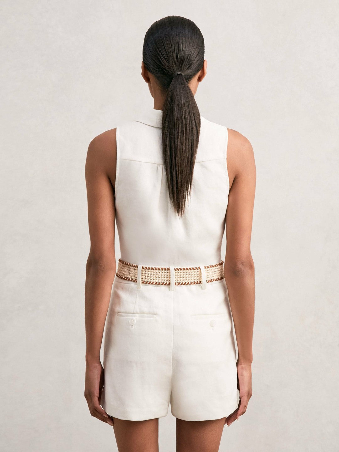 Linen Belted Sleeveless Wrap Playsuit Cream | Womens