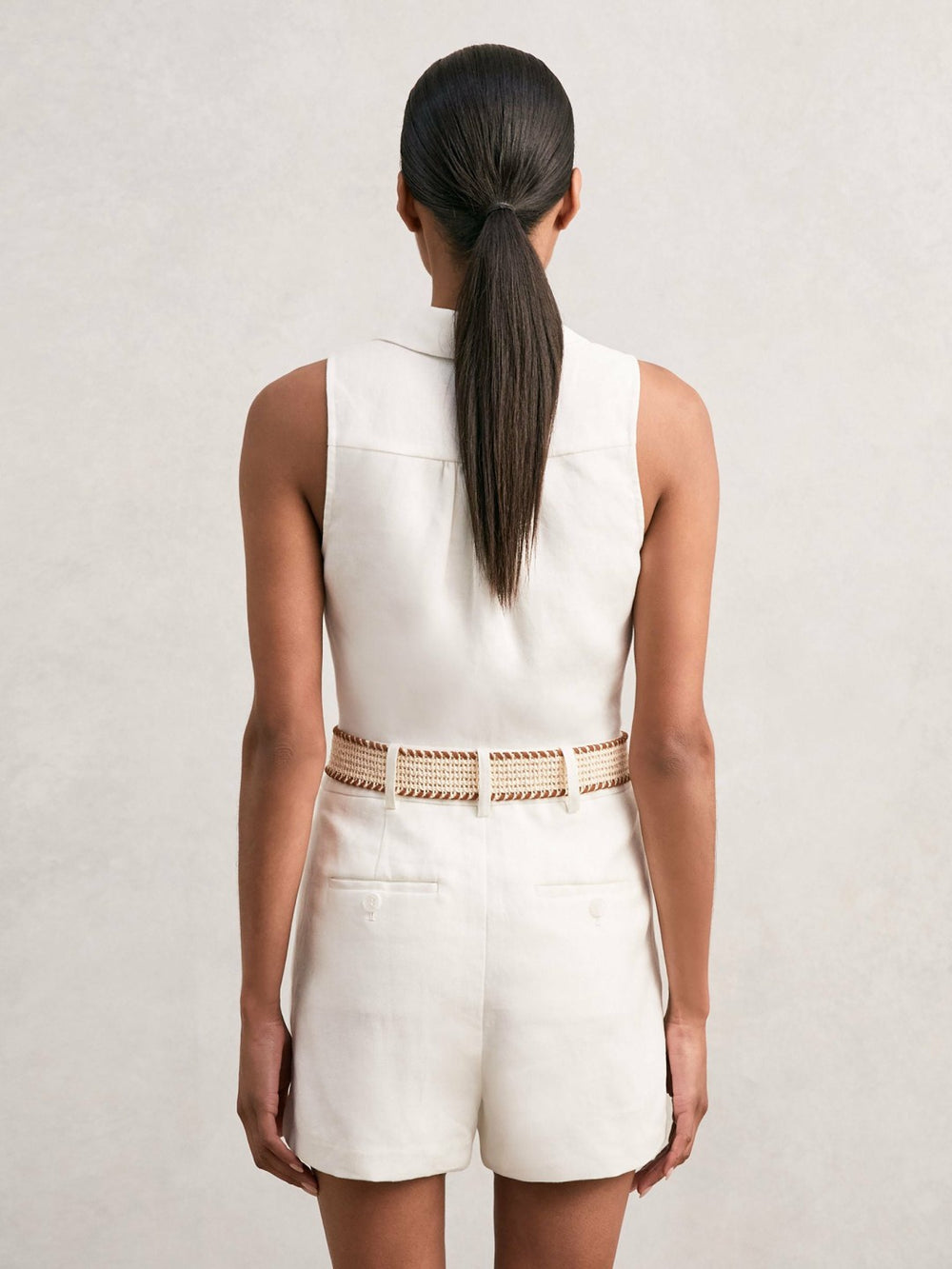 Linen Belted Sleeveless Wrap Playsuit Cream | Womens