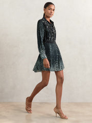 Printed Pleated Shirt Dress Navy | Womens