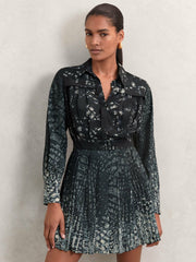 Printed Pleated Shirt Dress Navy | Womens