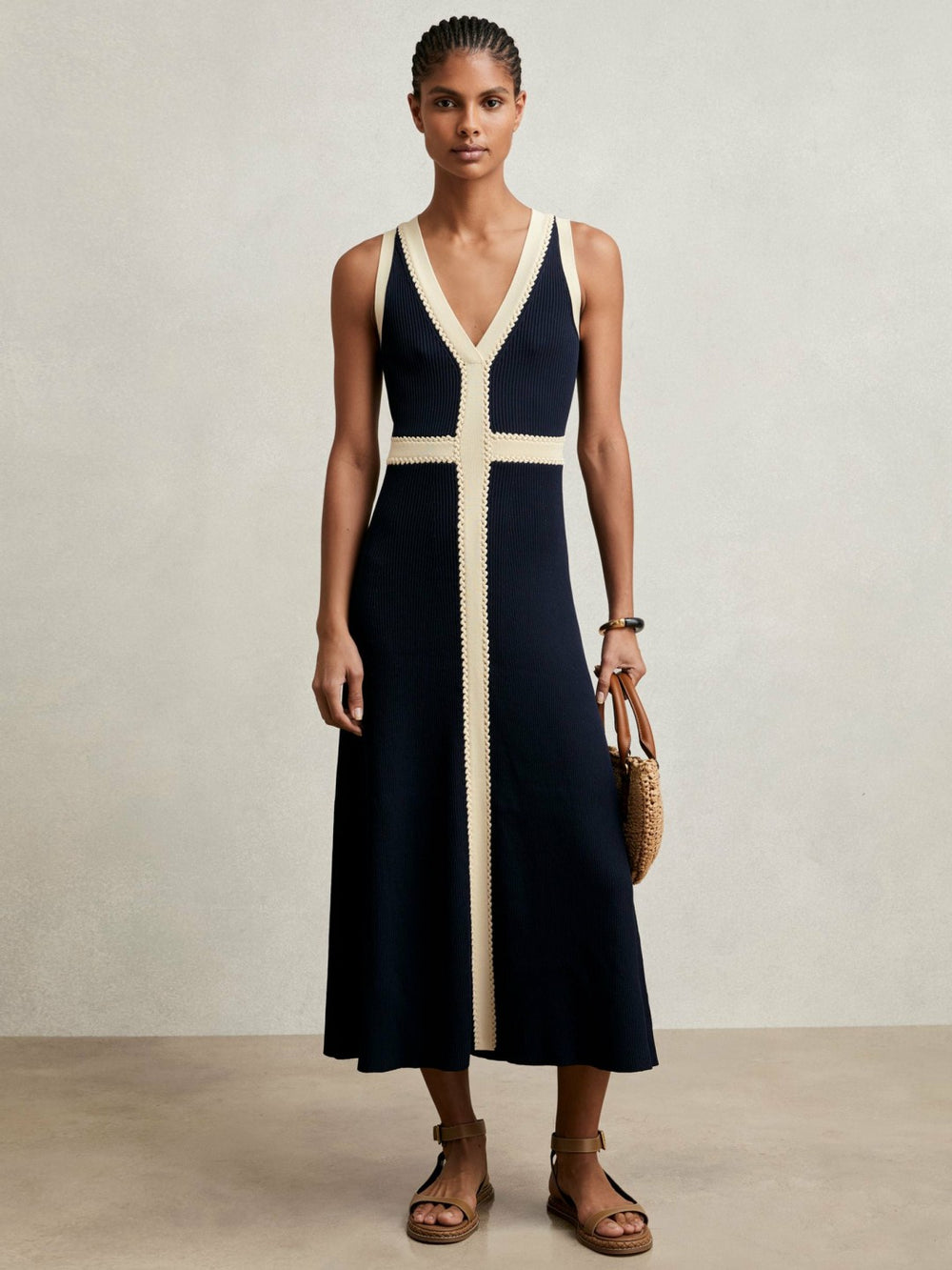 Craft-Stitch Knitted Midi Dress Navy | Womens