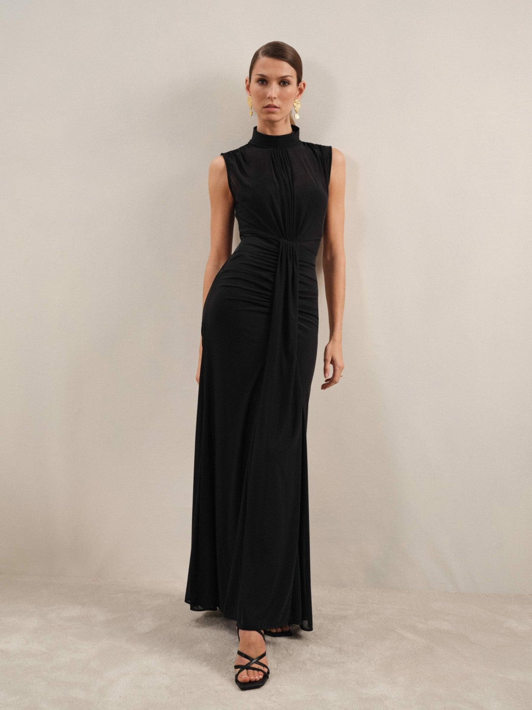 Petite Sheer Ruched Maxi Dress Black | Womens