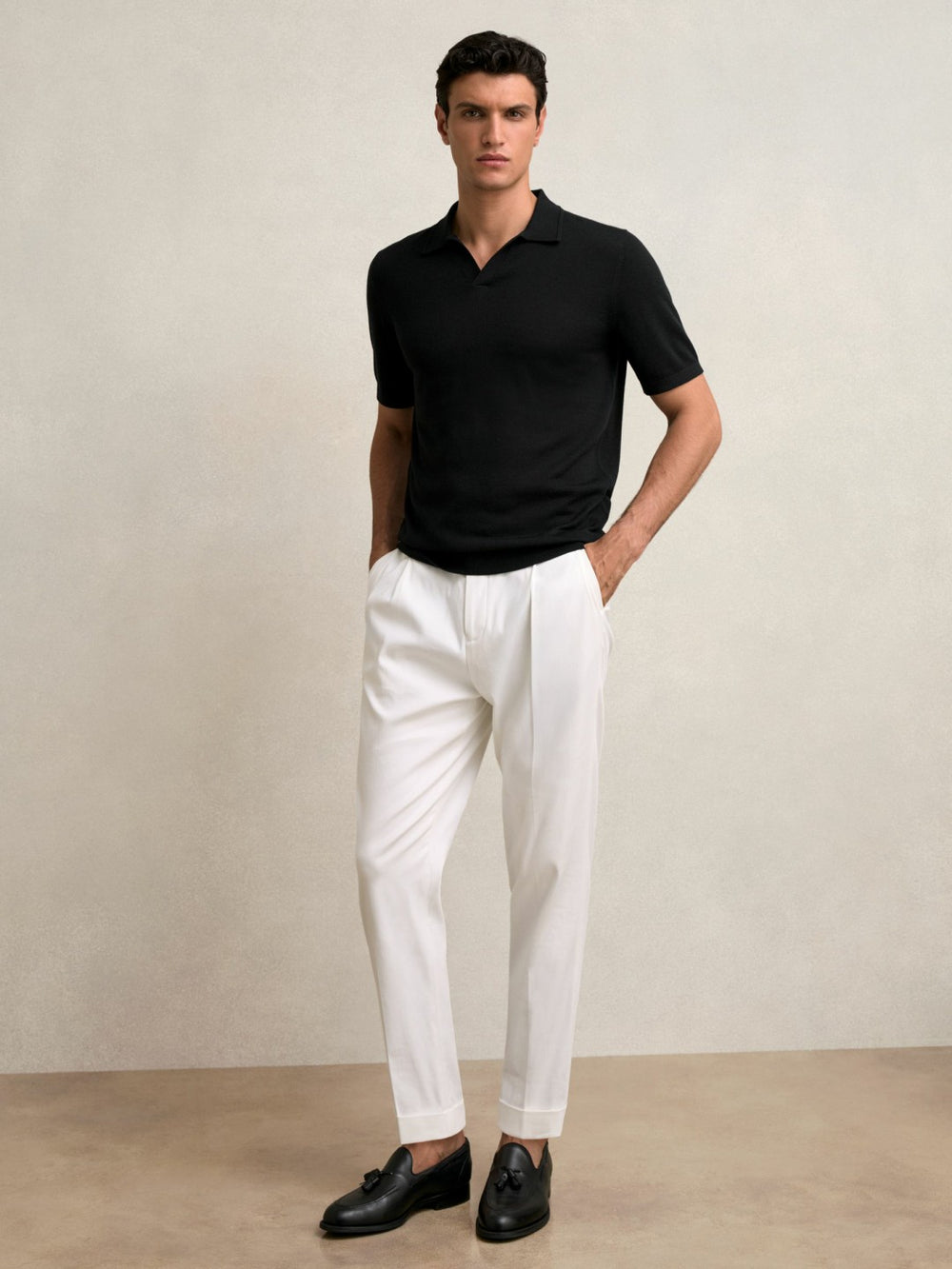 Merino Wool Open Collar Polo Shirt Black | Mens