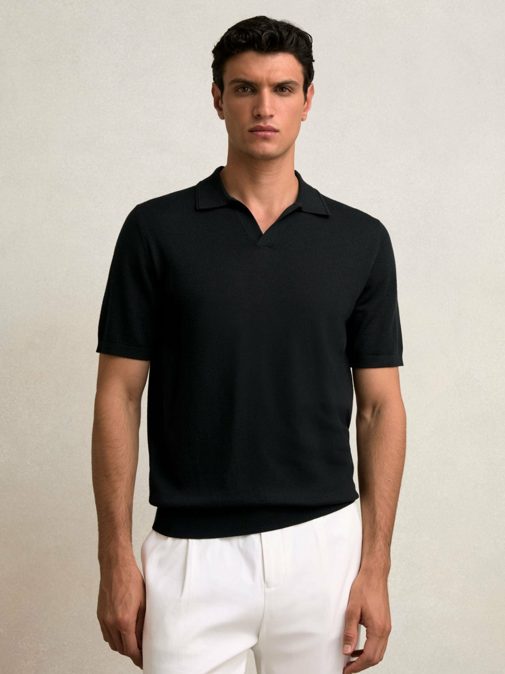 Merino Wool Open Collar Polo Shirt Black | Mens
