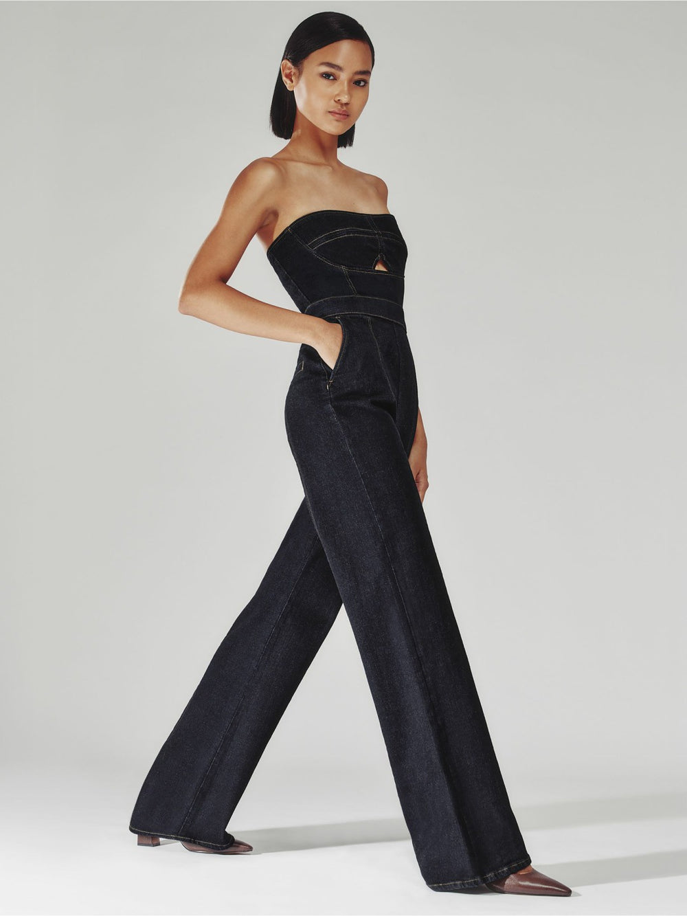 Strapless Wide Leg Denim Jumpsuit Indigo Blue | Womens