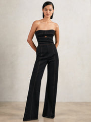 Strapless Wide Leg Denim Jumpsuit Indigo Blue | Womens