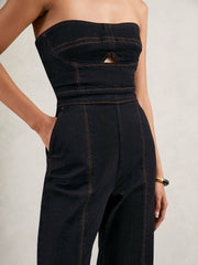Strapless Wide Leg Denim Jumpsuit Indigo Blue | Womens