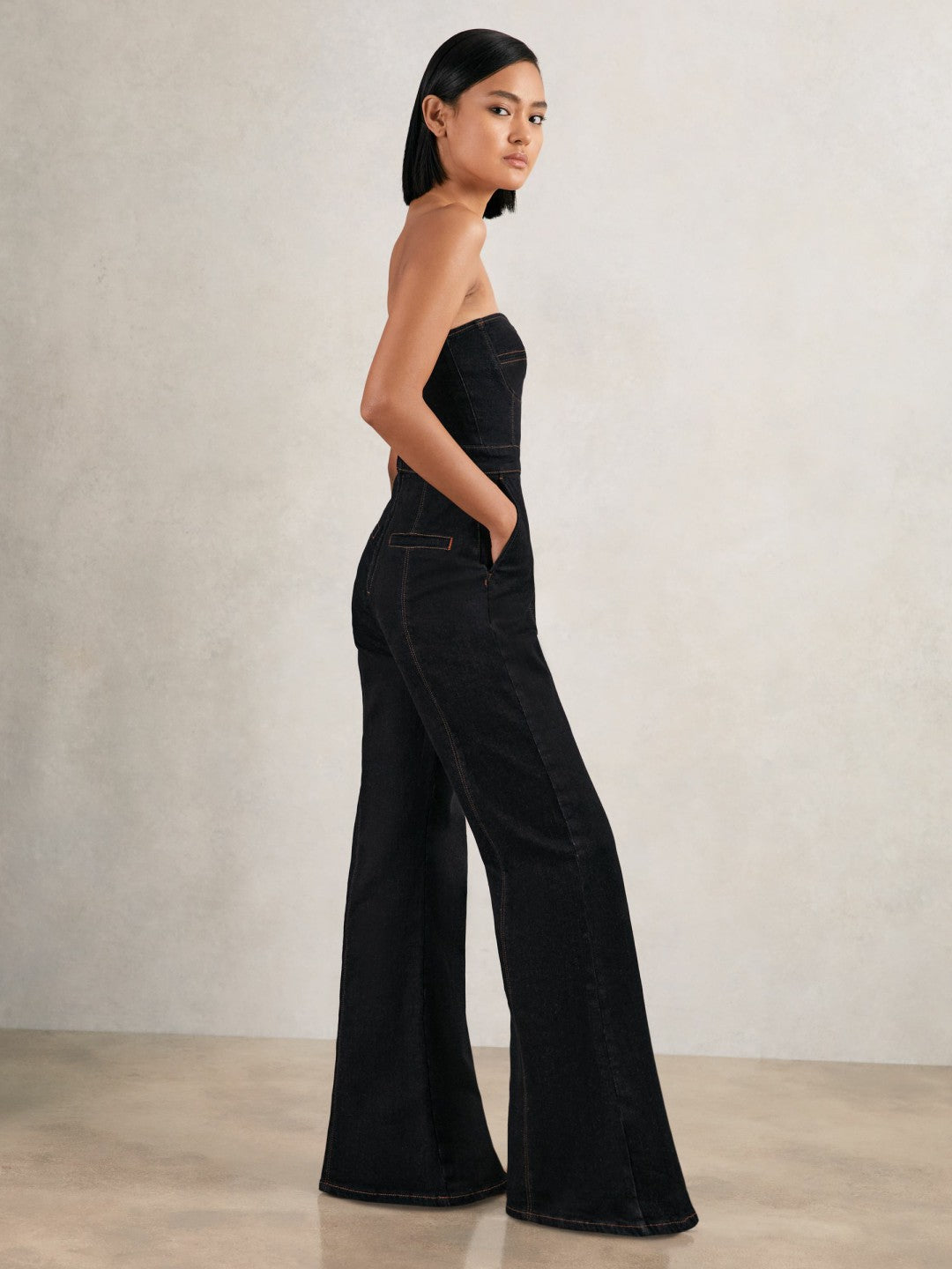 Strapless Wide Leg Denim Jumpsuit Indigo Blue | Womens