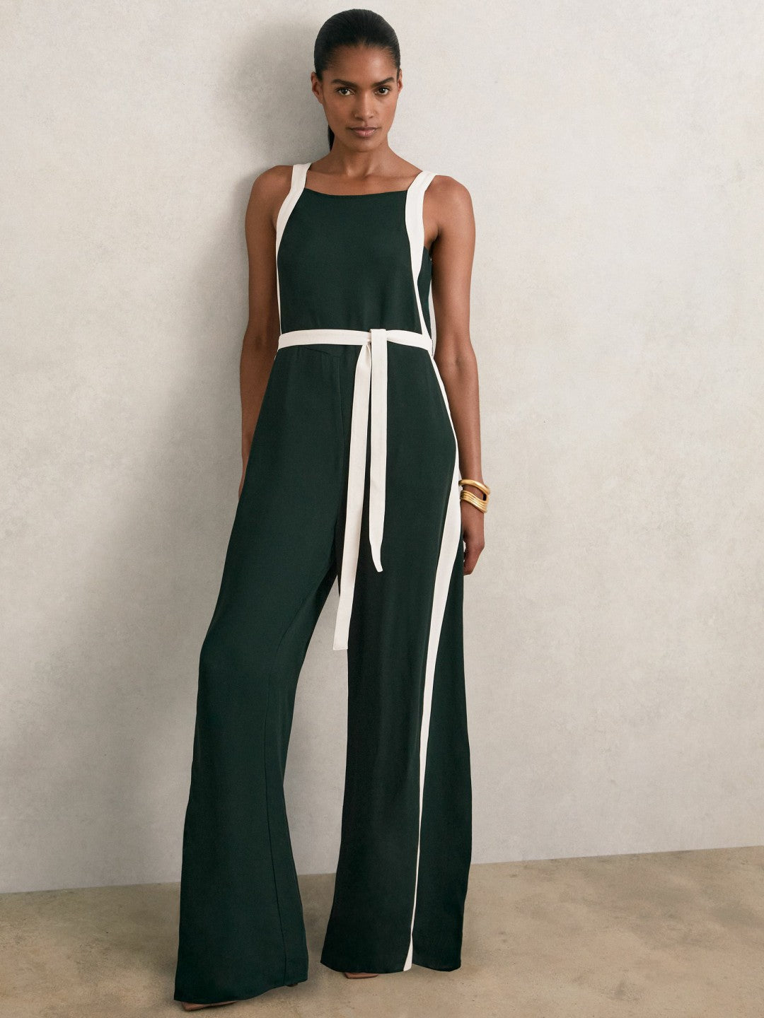 Petite Colourblock Wide Leg Belted Jumpsuit Dark Green/Cream | Womens