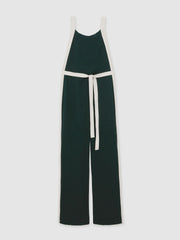 Petite Colourblock Wide Leg Belted Jumpsuit Dark Green/Cream | Womens