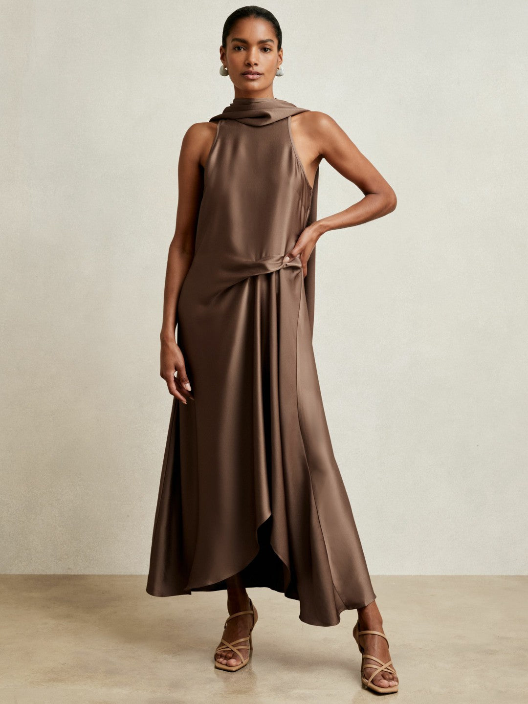 Satin Tuck-Detail Cape Midi Dress Taupe Brown | Womens