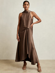 Satin Tuck-Detail Cape Midi Dress Taupe Brown | Womens