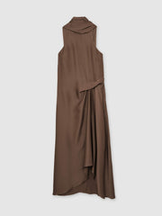 Satin Tuck-Detail Cape Midi Dress Taupe Brown | Womens
