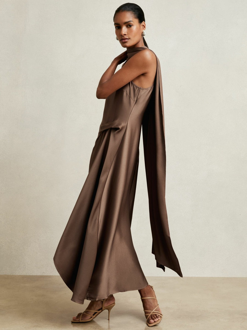 Satin Tuck-Detail Cape Midi Dress Taupe Brown | Womens