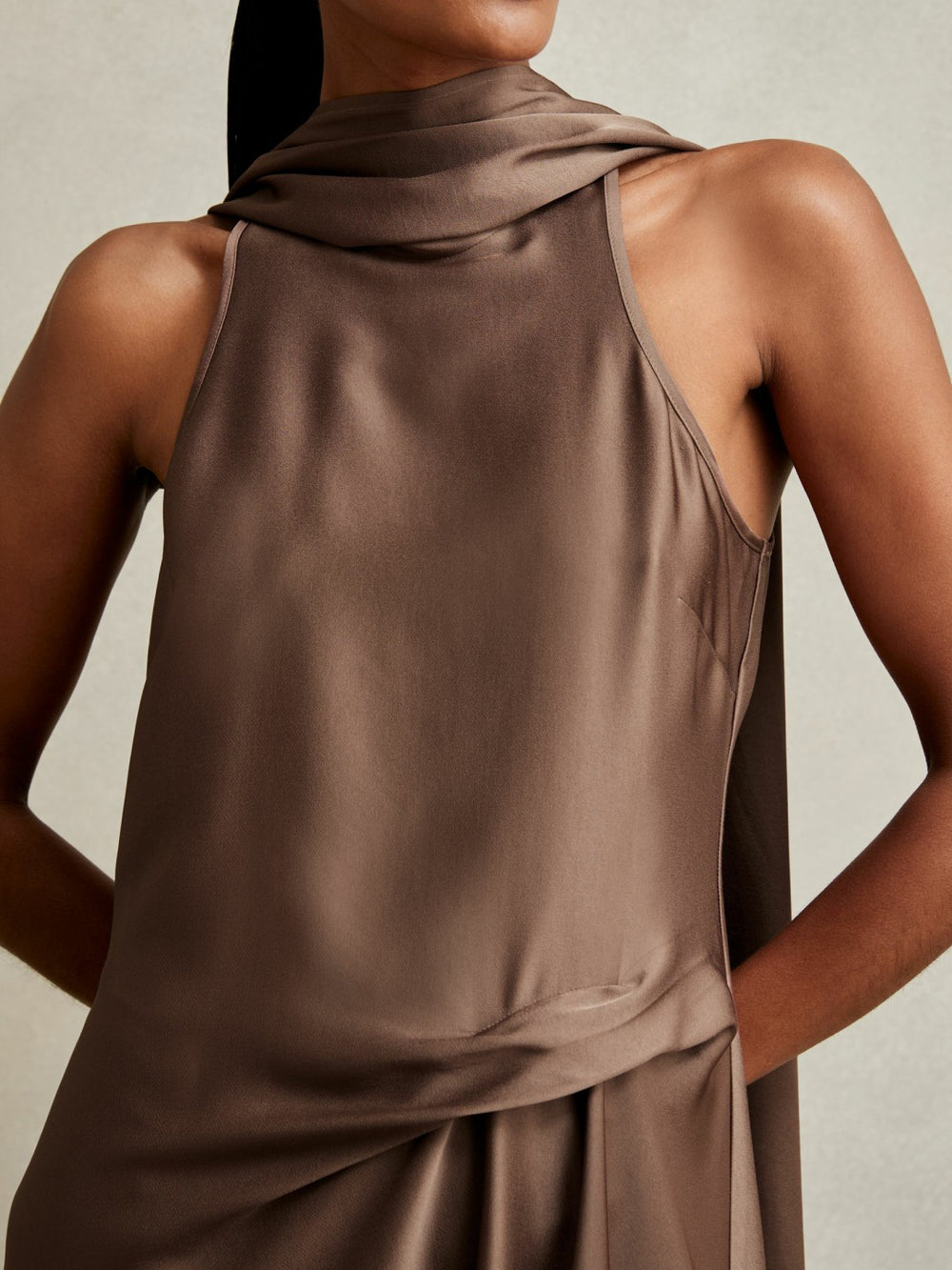 Satin Tuck-Detail Cape Midi Dress Taupe Brown | Womens
