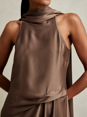 Satin Tuck-Detail Cape Midi Dress Taupe Brown | Womens