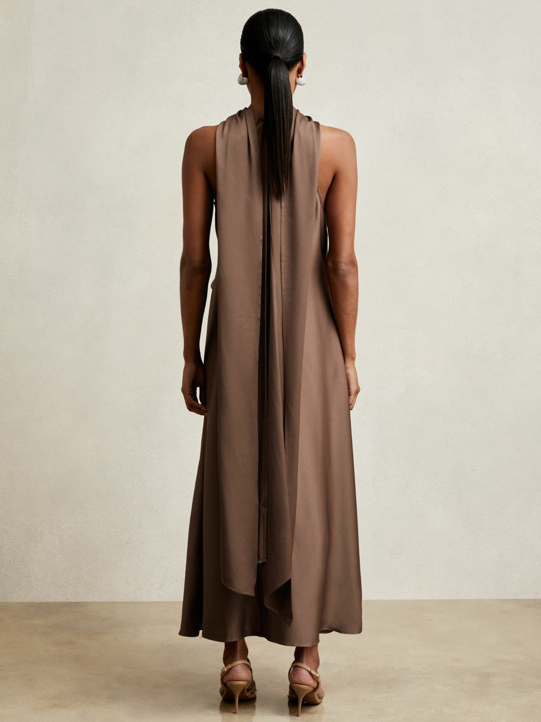 Satin Tuck-Detail Cape Midi Dress Taupe Brown | Womens
