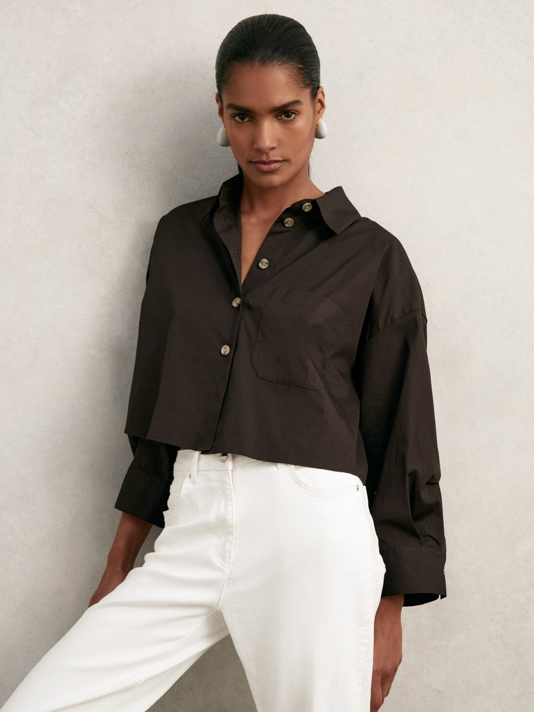 Oversize Cotton Cropped Shirt Chocolate Brown | Womens