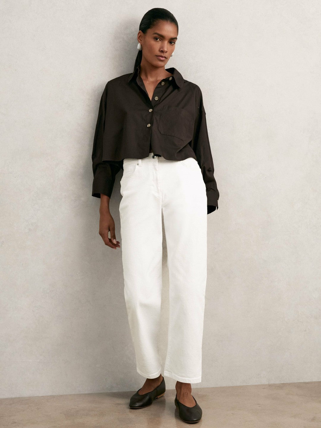 Oversize Cotton Cropped Shirt Chocolate Brown | Womens