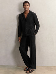 Plissé Cuban-Collar Long-Sleeve Shirt Black | Mens