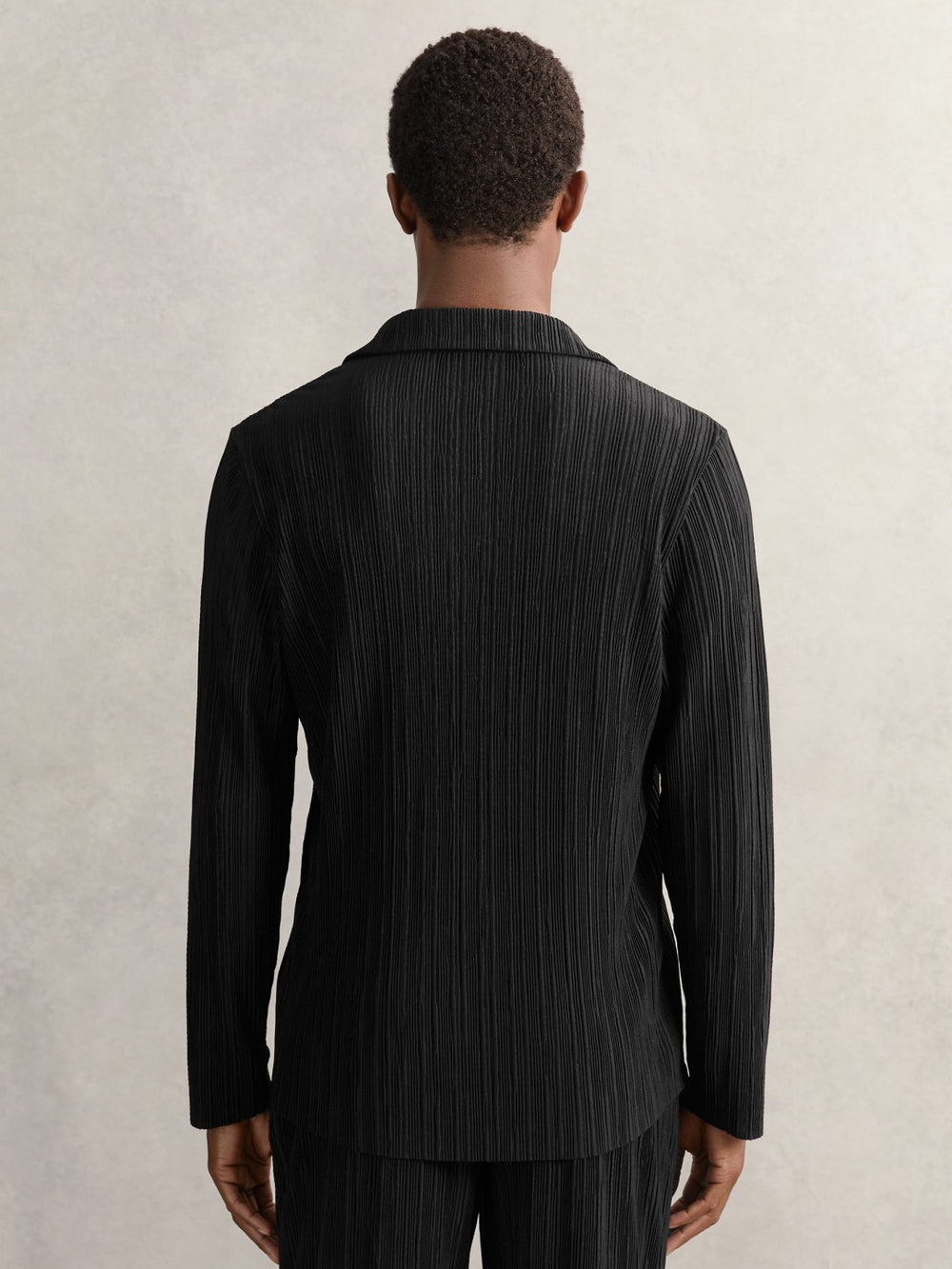 Plissé Cuban-Collar Long-Sleeve Shirt Black | Mens