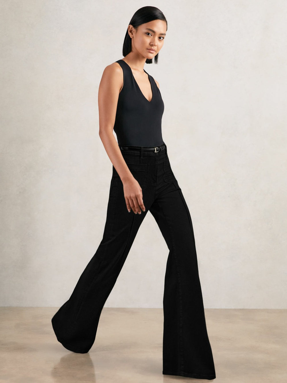 Petite Patch-Pocket Flared Jeans Black | Womens