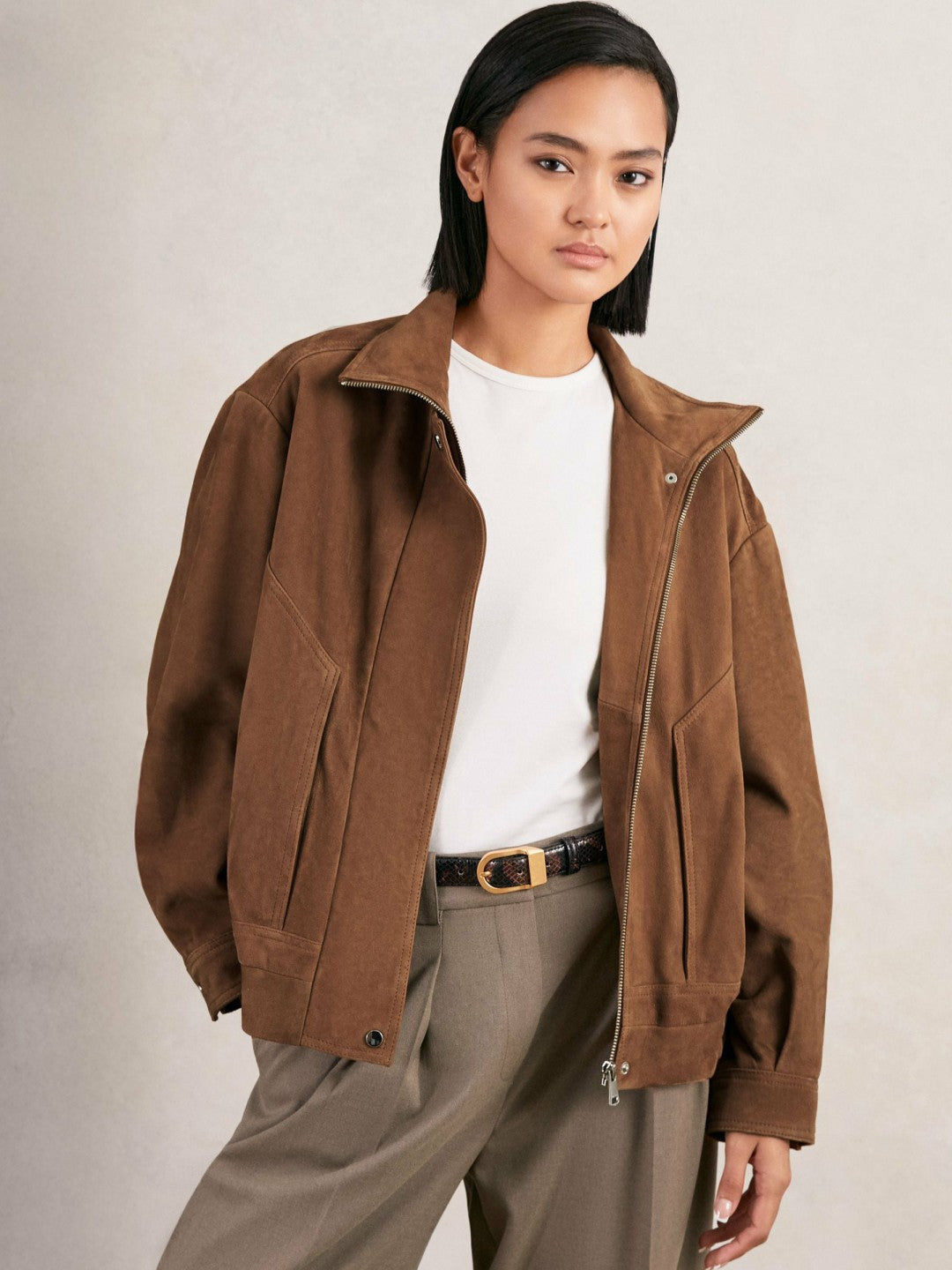 Suede Funnel-Neck Bomber Jacket Tan | Womens