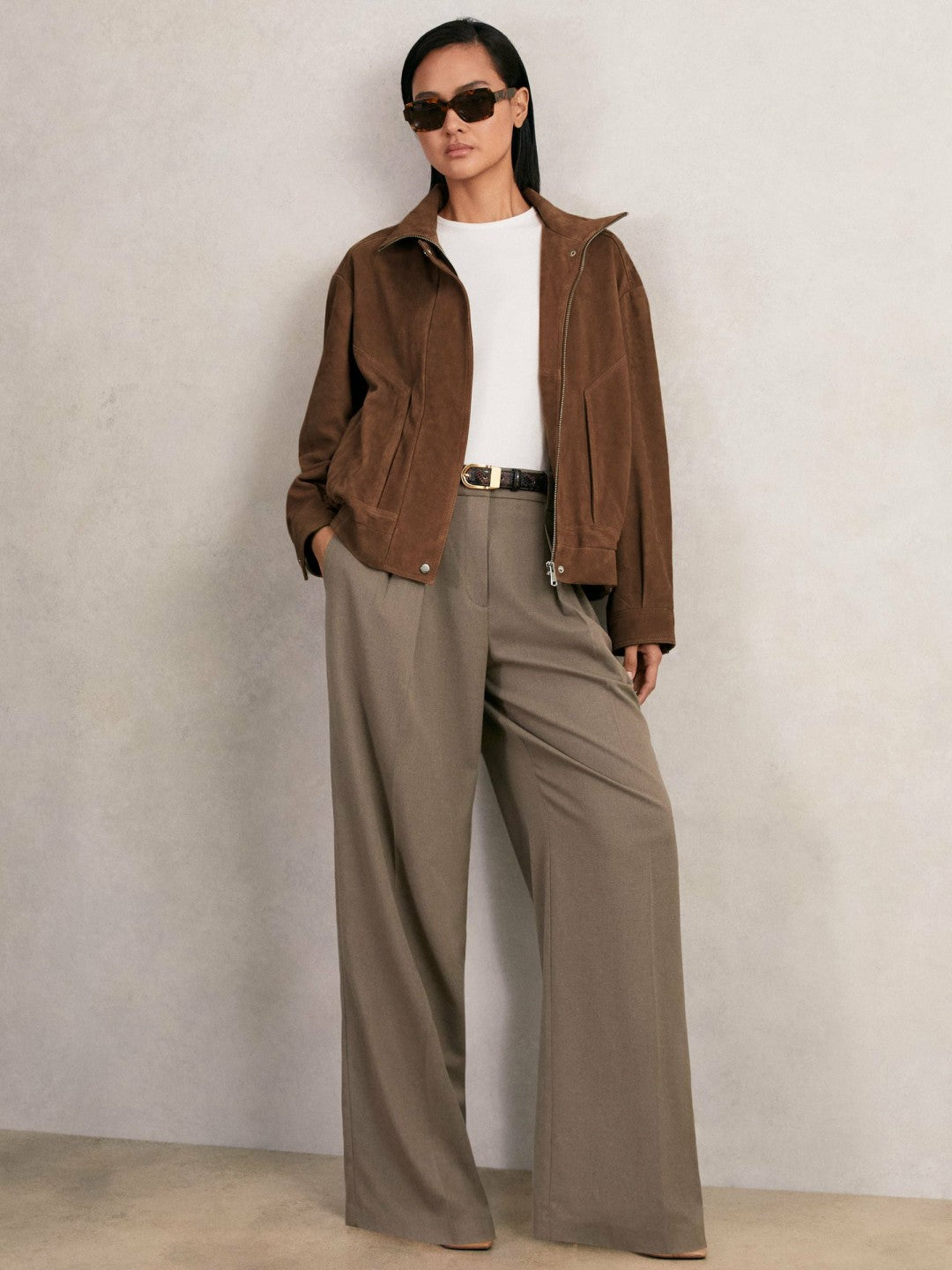 Suede Funnel-Neck Bomber Jacket Tan | Womens