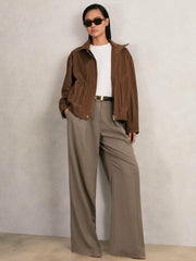 Suede Funnel-Neck Bomber Jacket Tan | Womens