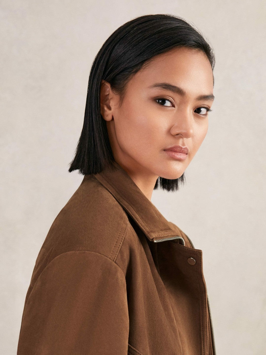 Suede Funnel-Neck Bomber Jacket Tan | Womens