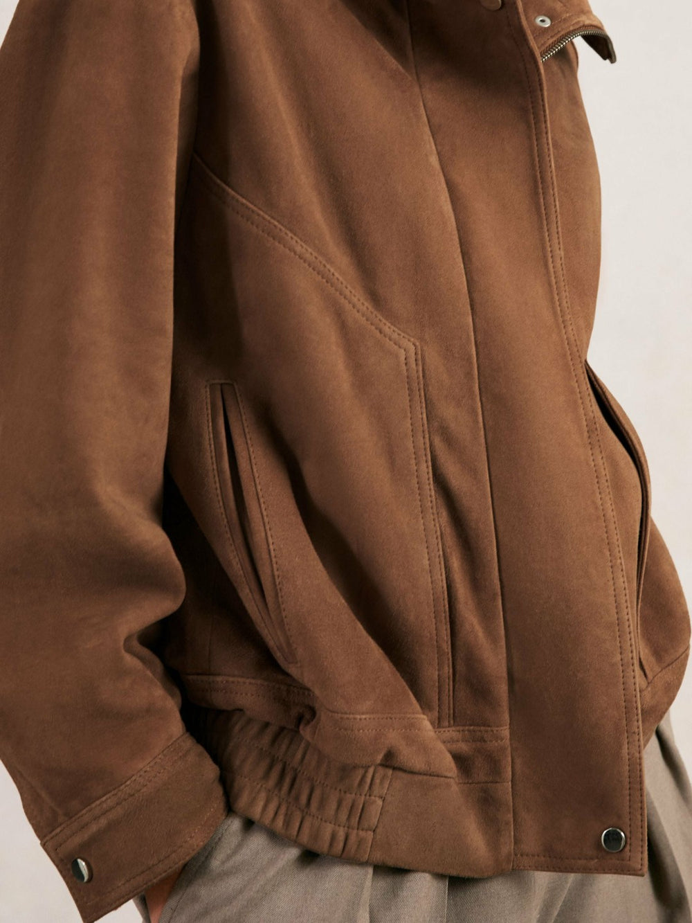 Suede Funnel-Neck Bomber Jacket Tan | Womens