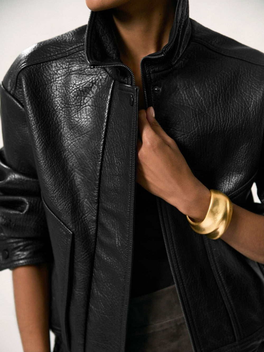 Oversize Grained-Leather Bomber Jacket Black | Womens
