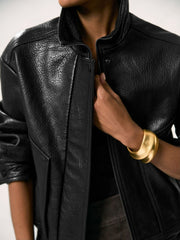 Oversize Grained-Leather Bomber Jacket Black | Womens