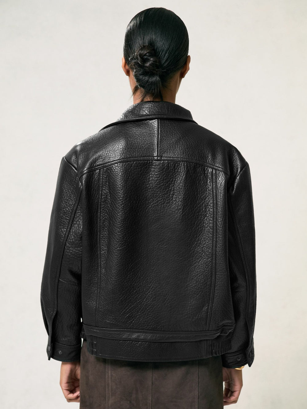 Oversize Grained-Leather Bomber Jacket Black | Womens