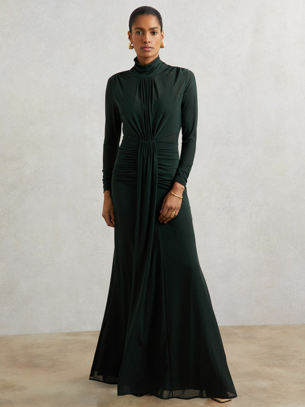 Petite Ruched Long-Sleeve Maxi Dress Dark Green | Womens