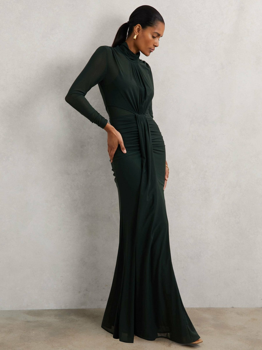 Petite Ruched Long-Sleeve Maxi Dress Dark Green | Womens