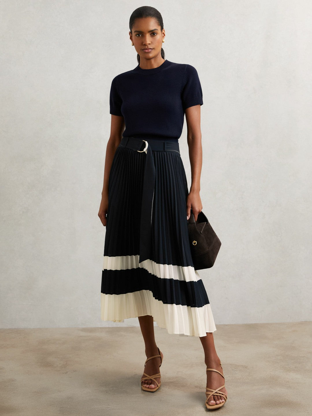 Belted Pleated Midi Skirt Navy/Ivory | Womens